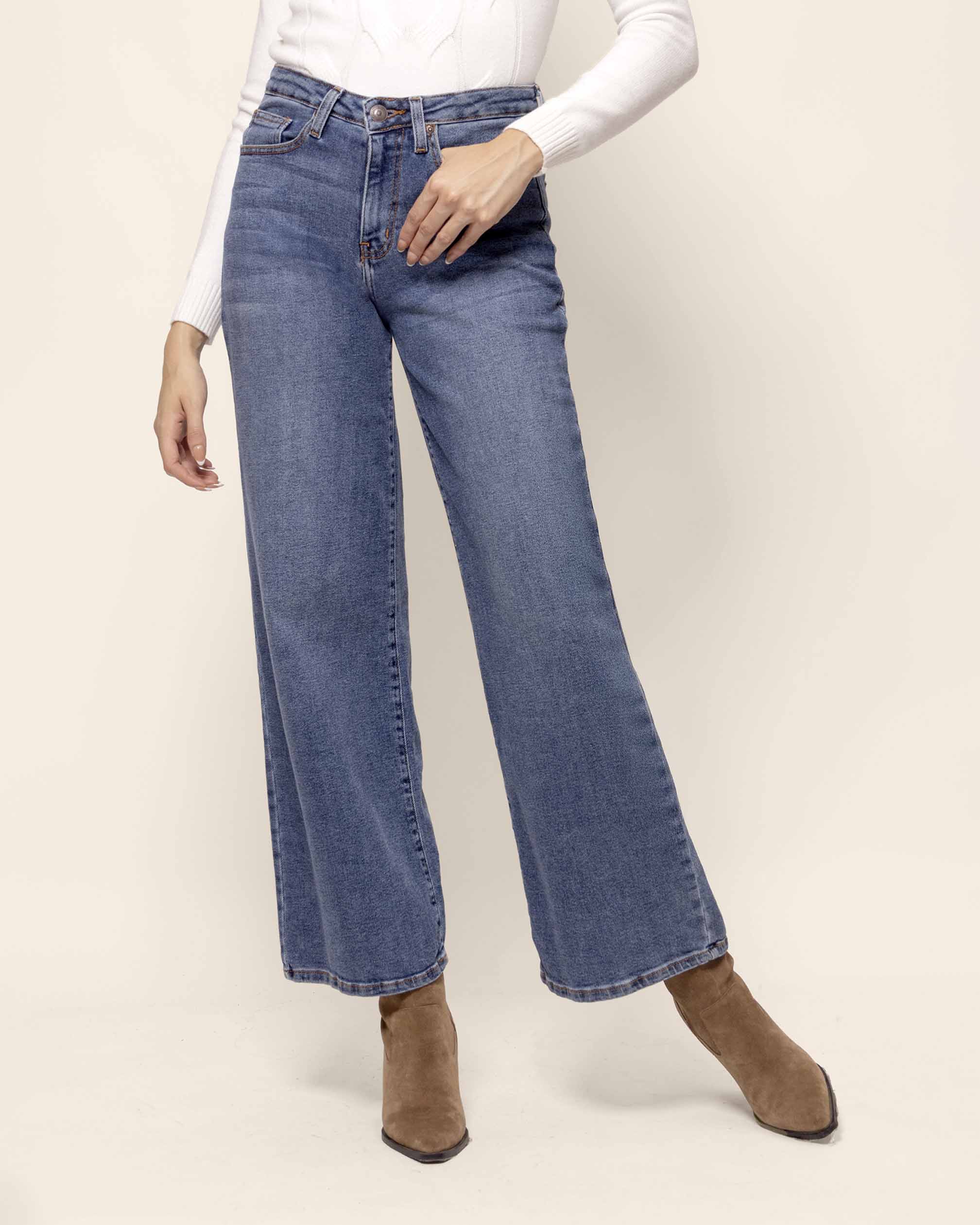 Jeans wide leg algodón lavado medio