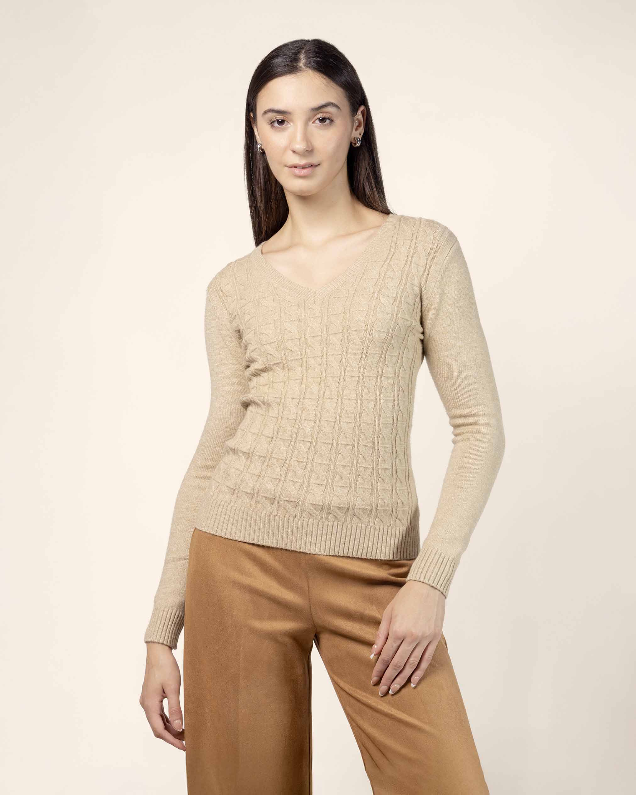 Suéter cuello V trenza delgada