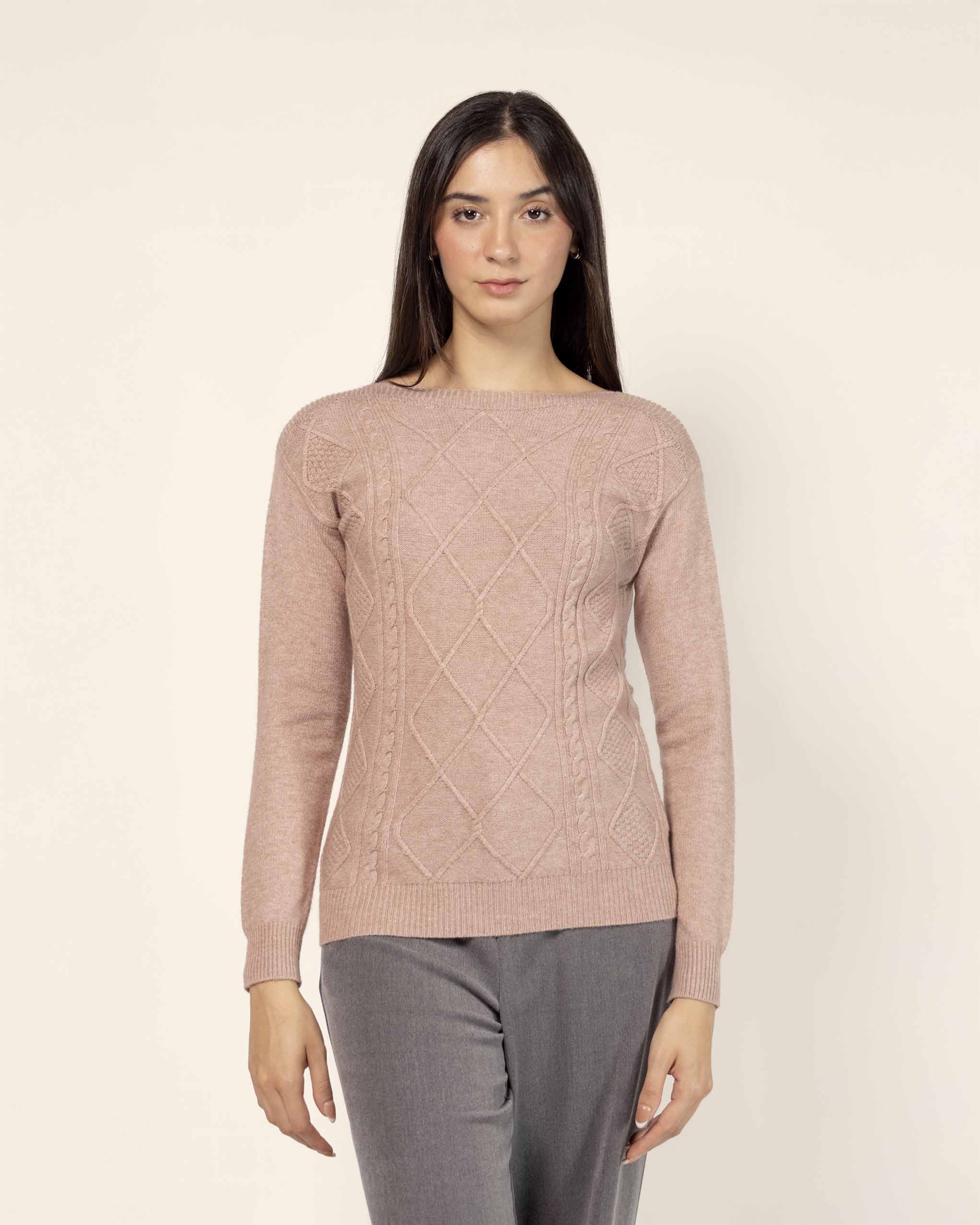 Suéter cuello ojal trenza rombos