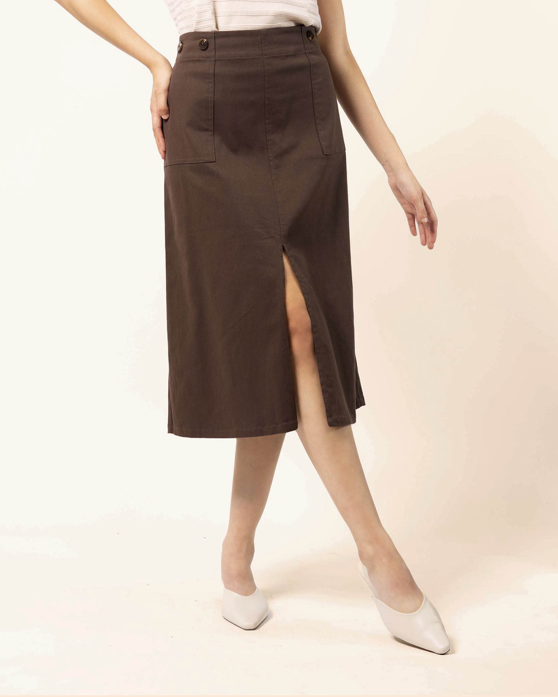 falda-chocolate-midi-gabardina-mujer‑STOP