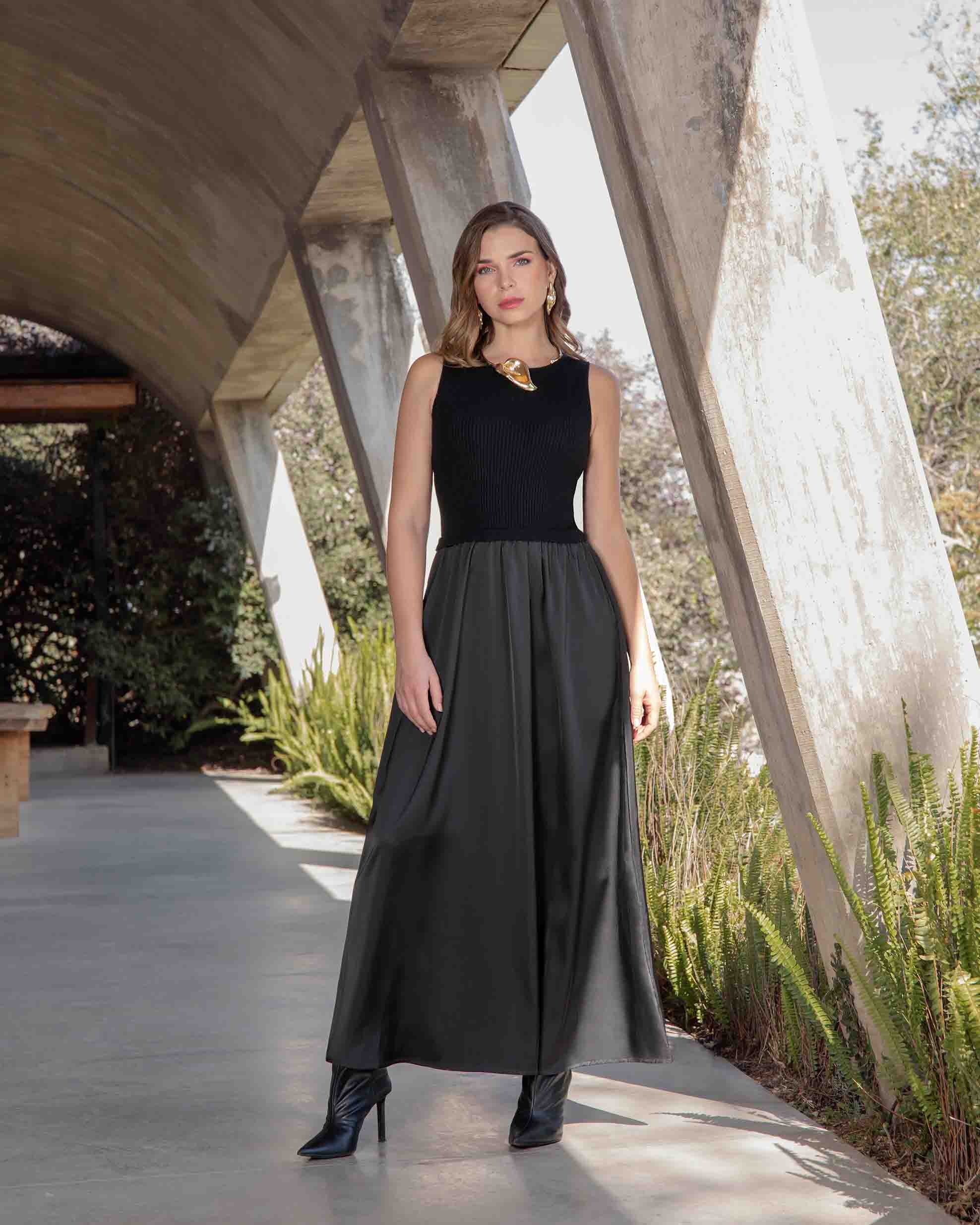 Vestido largo combinación telas