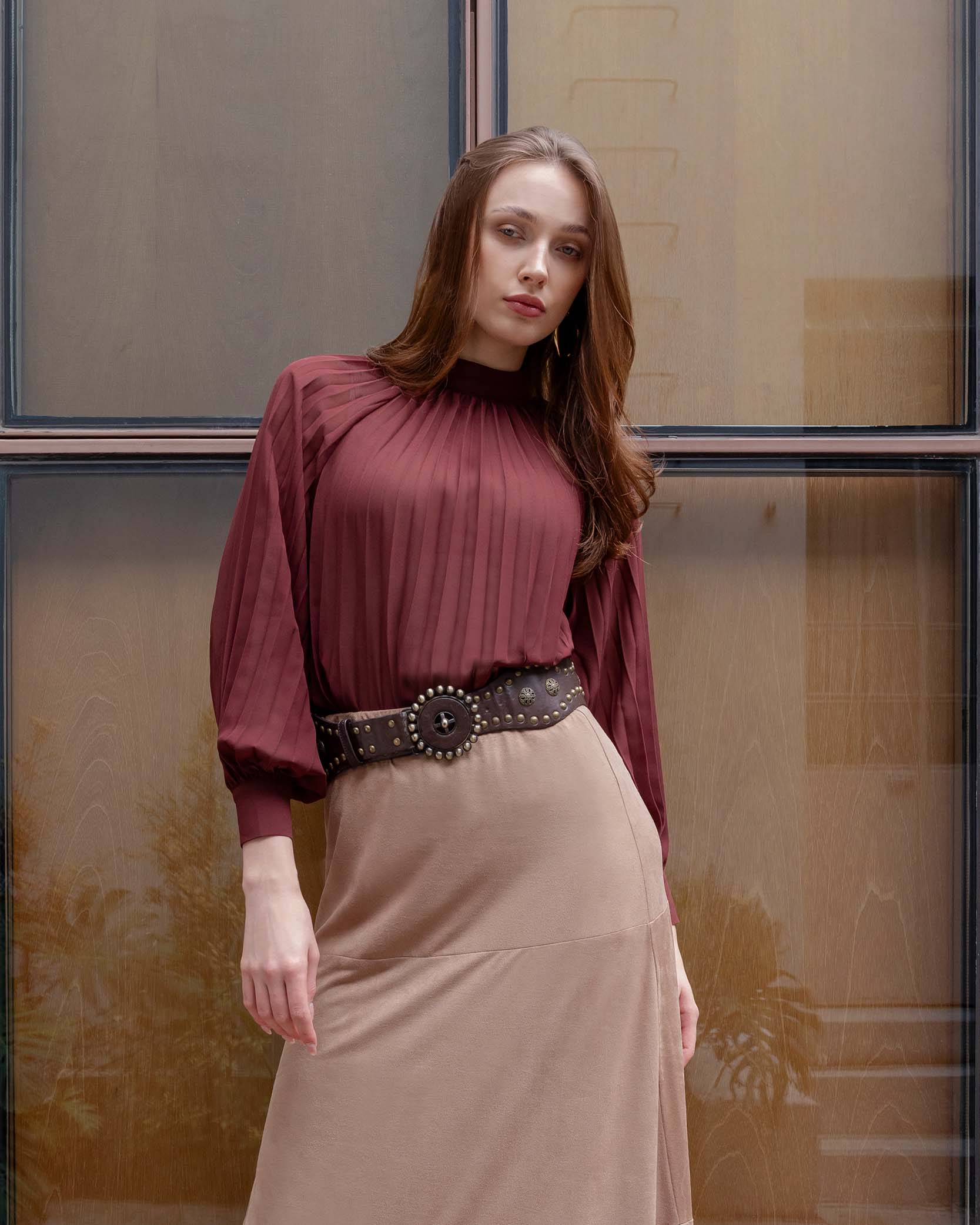 Blusa manga larga tela plisada