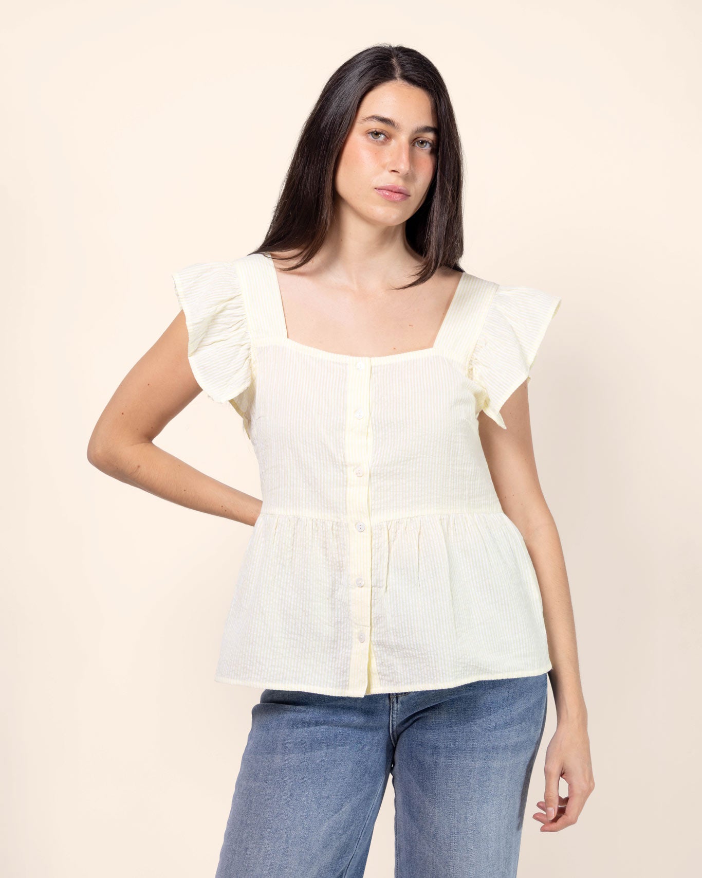 Blusa peplum manga olán a rayas