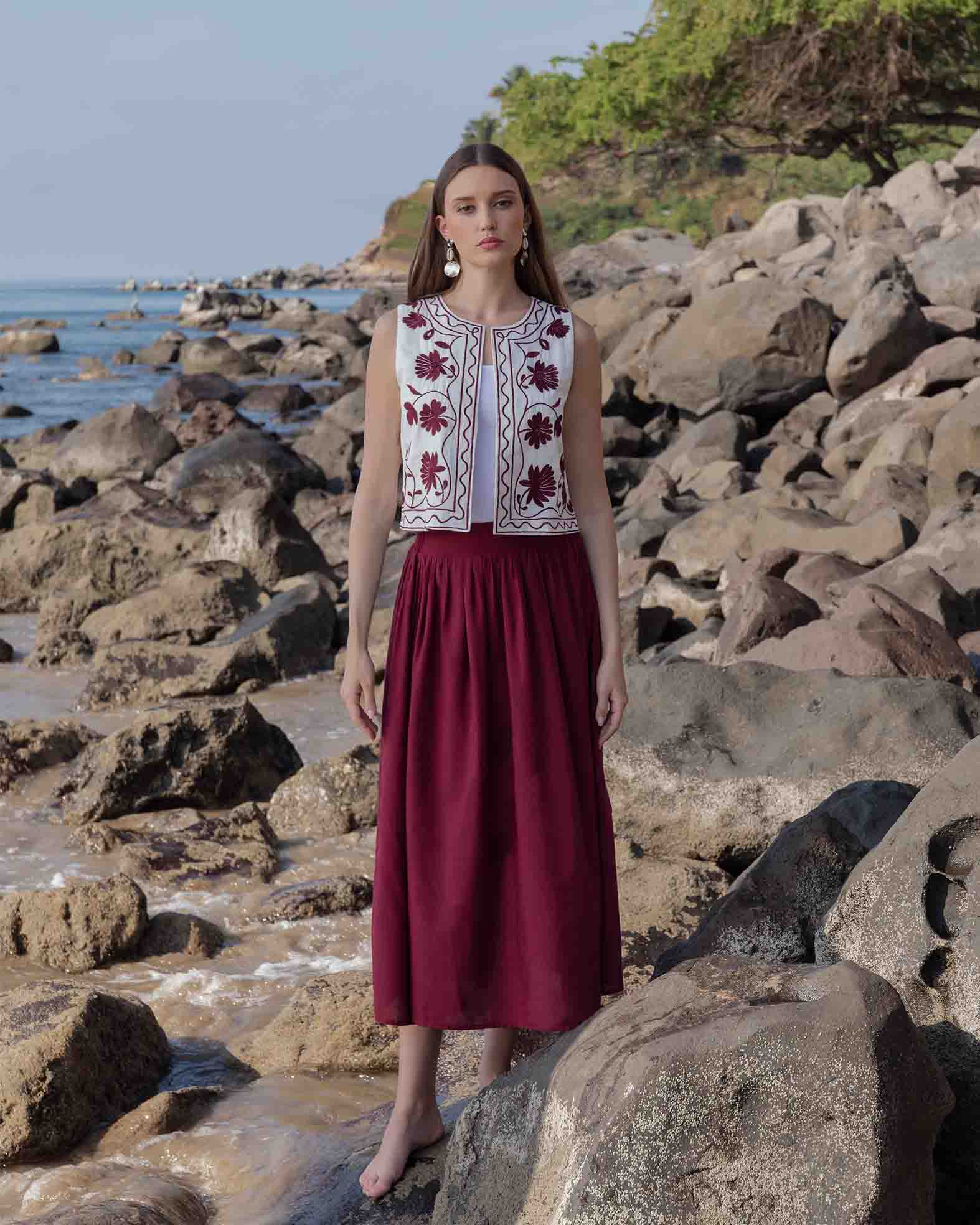 Falda larga pretina ancha efecto lino