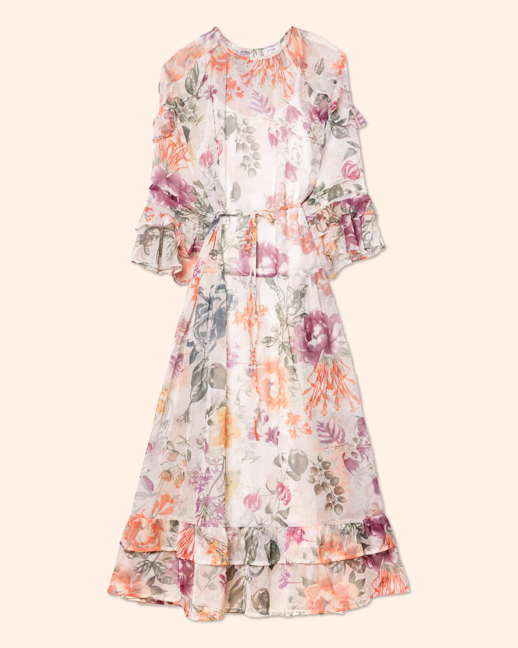 Vestido largo chifón estampado y olanes