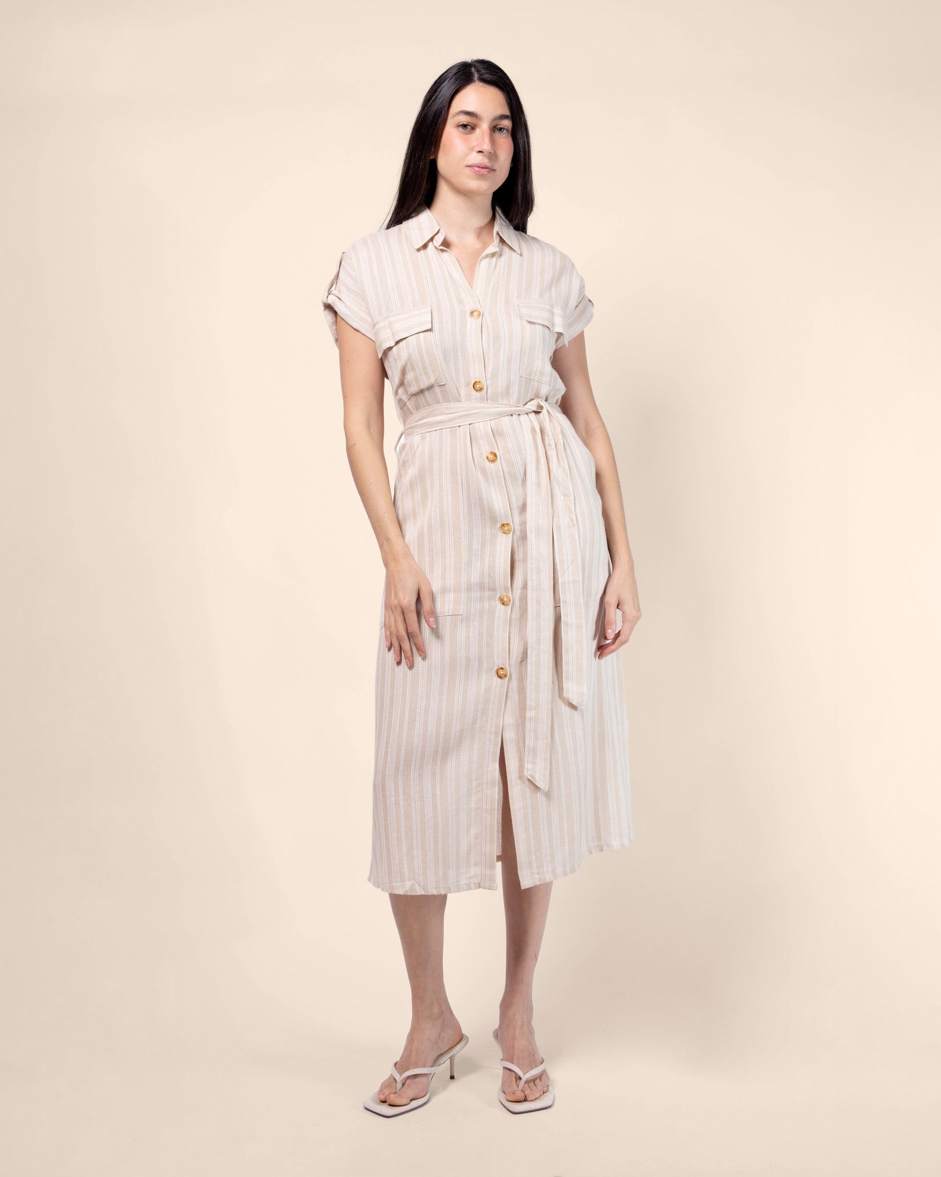 Vestido midi a rayas con lino