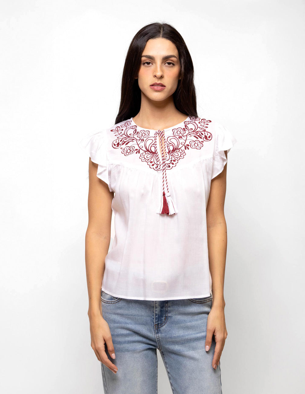 Blusa manga olán bordado y tira