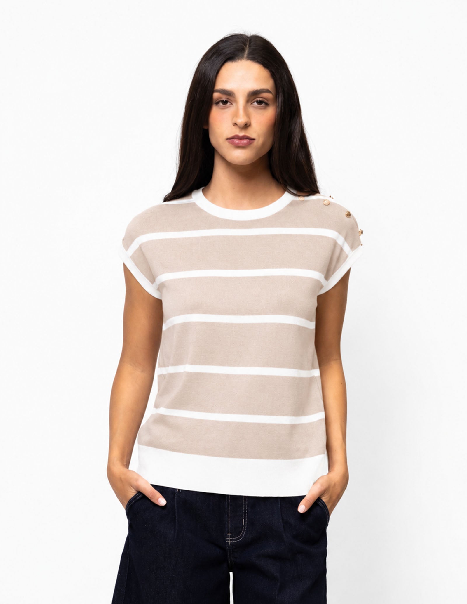 Blusa tejida manga corta botones hombro