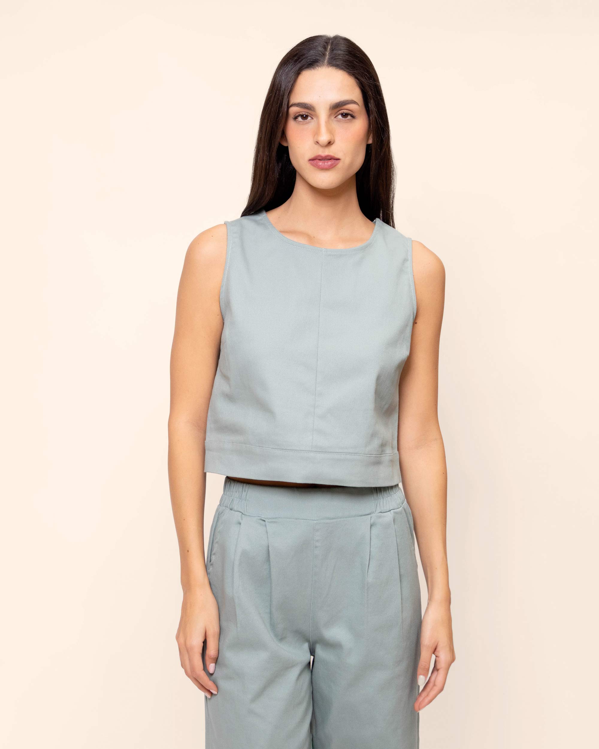 Blusa crop top sin mangas cuello redondo