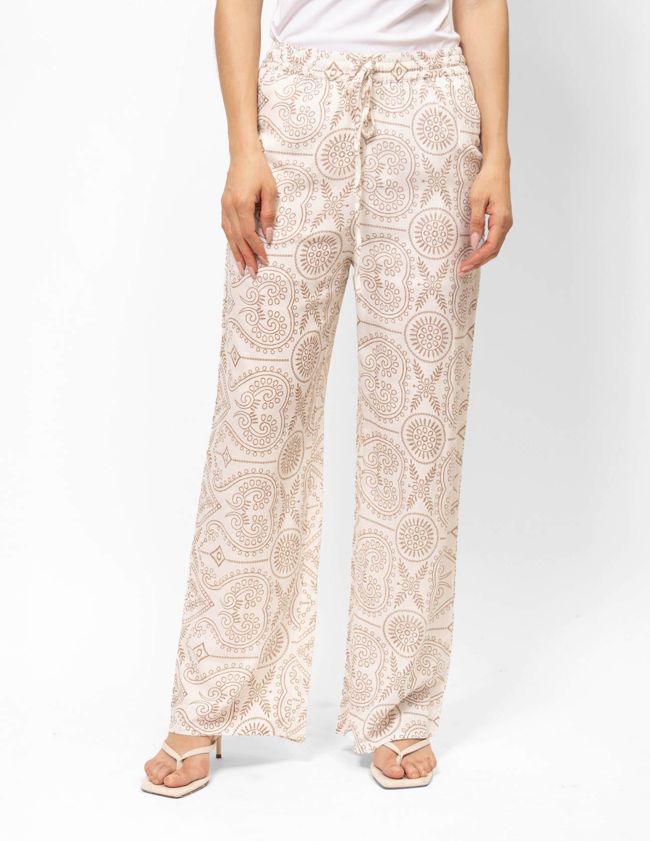 Pantalón estampado pretina elástica, efecto lino