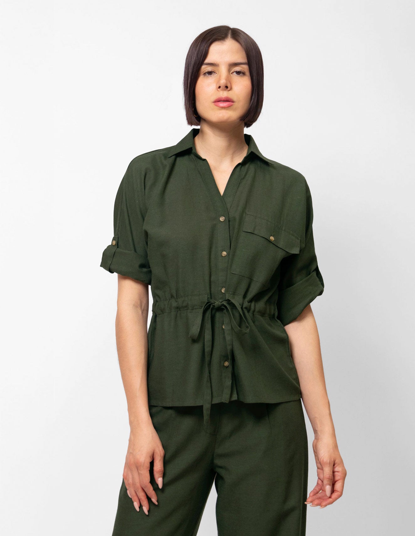 Camisa manga 3/4 con roll up efecto lino
