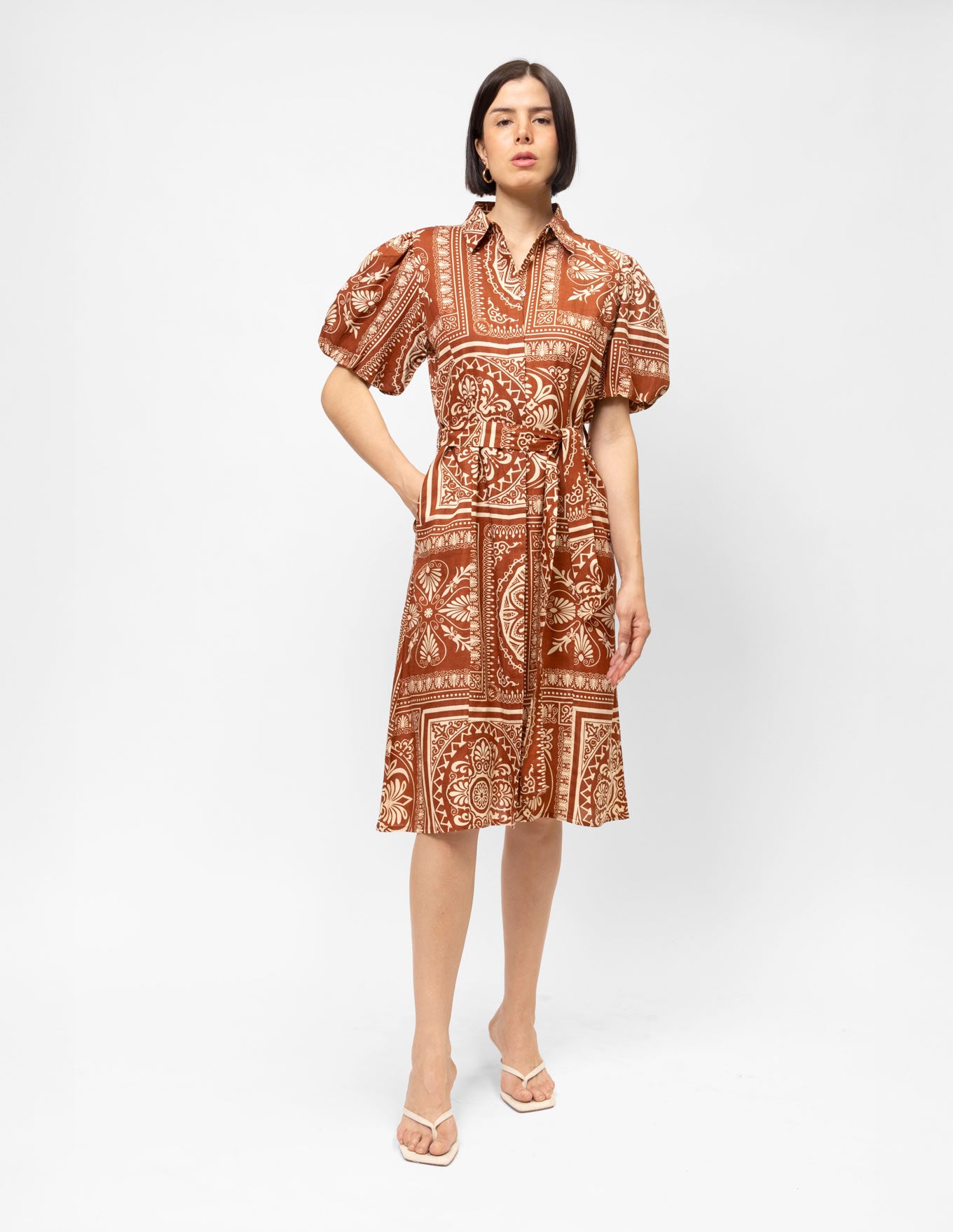 Vestido midi estampado efecto lino